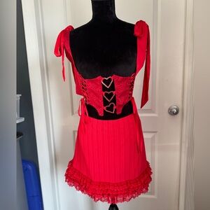 Brocade heart lace corset and red mini skirt 1X